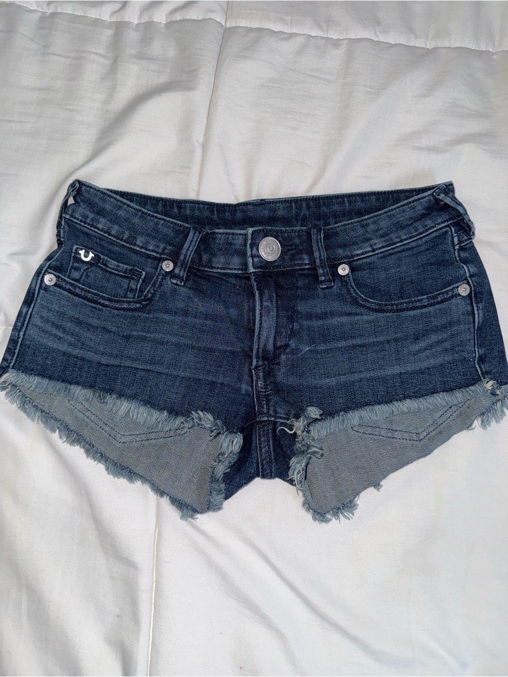 True Religion Dark Indigo Cutoff Denim Shorts with Frayed Hem